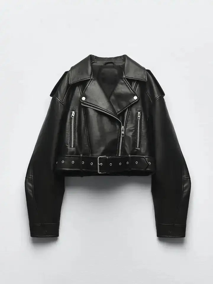 Jenne | Oversized Cropped Bikerjacke van Kunstleer met Riem