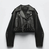 Jenne | Oversized Cropped Bikerjacke van Kunstleer met Riem