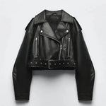 Jenne | Oversized Cropped Bikerjacke van Kunstleer met Riem