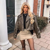 Jenne | Oversized Cropped Bikerjacke van Kunstleer met Riem