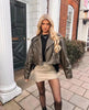 Jenne | Oversized Cropped Bikerjacke van Kunstleer met Riem