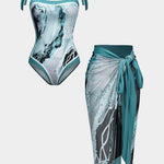 Angela | Twee-delig badpak set met abstracte print, strikbanden en pareo