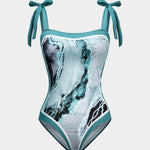 Angela | Twee-delig badpak set met abstracte print, strikbanden en pareo