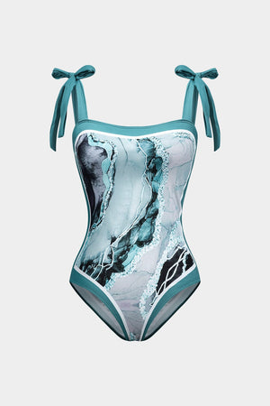 Angela | Twee-delig badpak set met abstracte print, strikbanden en pareo
