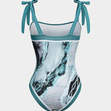 Angela | Twee-delig badpak set met abstracte print, strikbanden en pareo