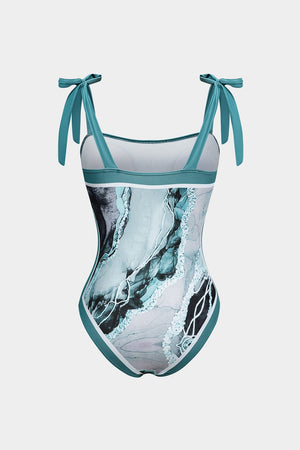 Angela | Twee-delig badpak set met abstracte print, strikbanden en pareo