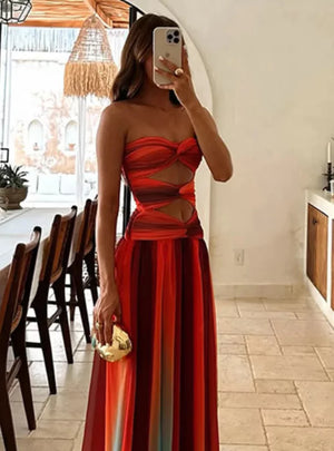 Maxi Zomerjurk met Cut-Outs & Bandeau-Top – Kleurverloop Rood-ORanje