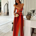 Maxi Zomerjurk met Cut-Outs & Bandeau-Top – Kleurverloop Rood-ORanje