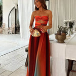 Maxi Zomerjurk met Cut-Outs & Bandeau-Top – Kleurverloop Rood-ORanje