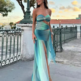 Maxi Zomerjurk met Cut-Outs & Bandeau-Top – Kleurverloop Rood-ORanje