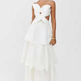 Elegante Maxi Jurk met Cut Out Detail en Gelaagde Rok