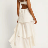 Elegante Maxi Jurk met Cut Out Detail en Gelaagde Rok