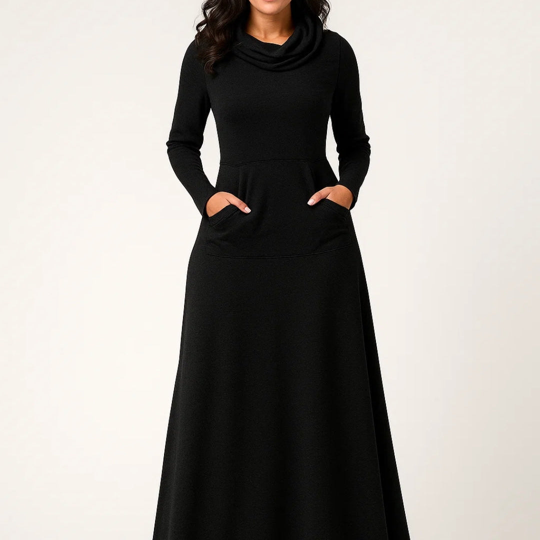 Dames Maxi Jurk Met Col En Lange Mouwen