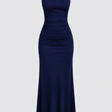 Donkerblauwe Bodycon Maxi Jurk met Bandjes
