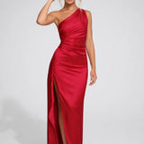 Dames One Shoulder Satijnen Maxi Jurk