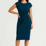 Elegante Midi Jurk met Gedrapeerde Taille en Korte Mouwen