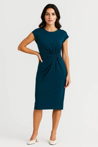 Elegante Midi Jurk met Gedrapeerde Taille en Korte Mouwen