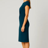 Elegante Midi Jurk met Gedrapeerde Taille en Korte Mouwen