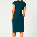 Elegante Midi Jurk met Gedrapeerde Taille en Korte Mouwen