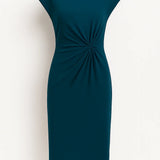 Elegante Midi Jurk met Gedrapeerde Taille en Korte Mouwen