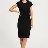 Elegante Midi Jurk met Gedrapeerde Taille en Korte Mouwen