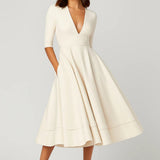 Midi Jurk Dames - V-hals met Driekwart Mouwen | Elegant