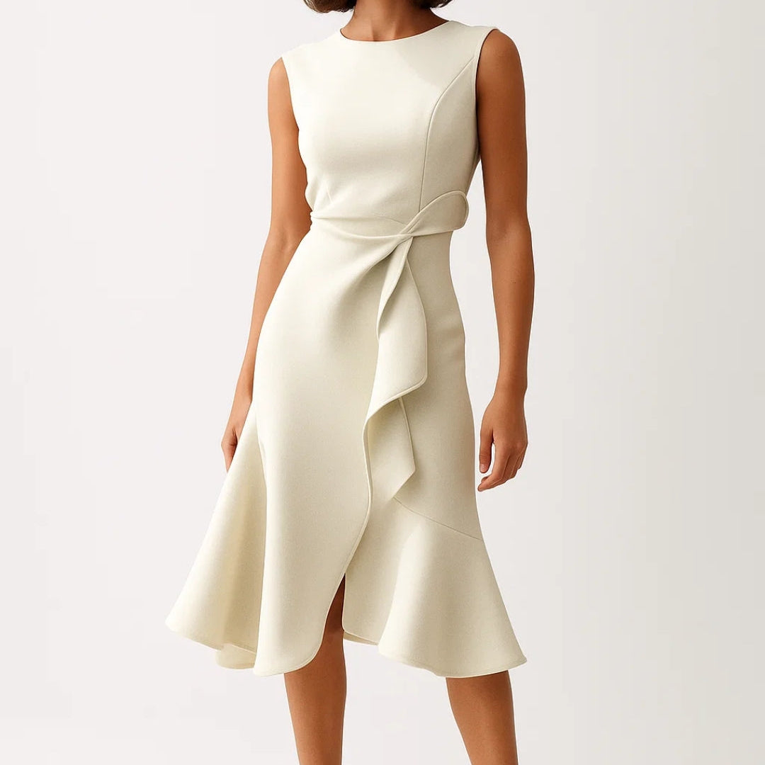 Elegante Asymmetrische Midi Jurk met Taille Detail