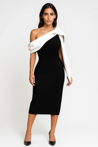 Elegante One Shoulder Midi Jurk met Asymmetrisch Design