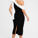 Elegante One Shoulder Midi Jurk met Asymmetrisch Design