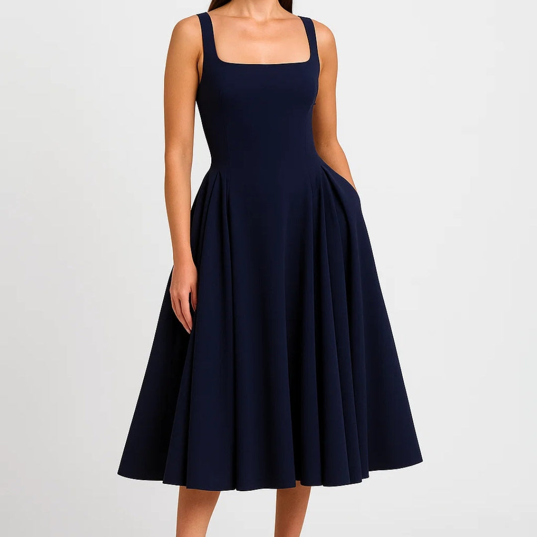 Elegante Midi Jurk met Brede Bandjes en Uitlopende Rok