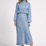 Lichtblauwe Elegante Satin Midi Jurk