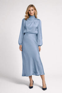 Lichtblauwe Elegante Satin Midi Jurk