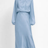 Lichtblauwe Elegante Satin Midi Jurk