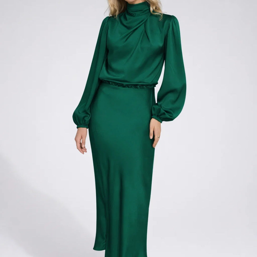 Lichtblauwe Elegante Satin Midi Jurk