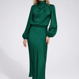 Lichtblauwe Elegante Satin Midi Jurk