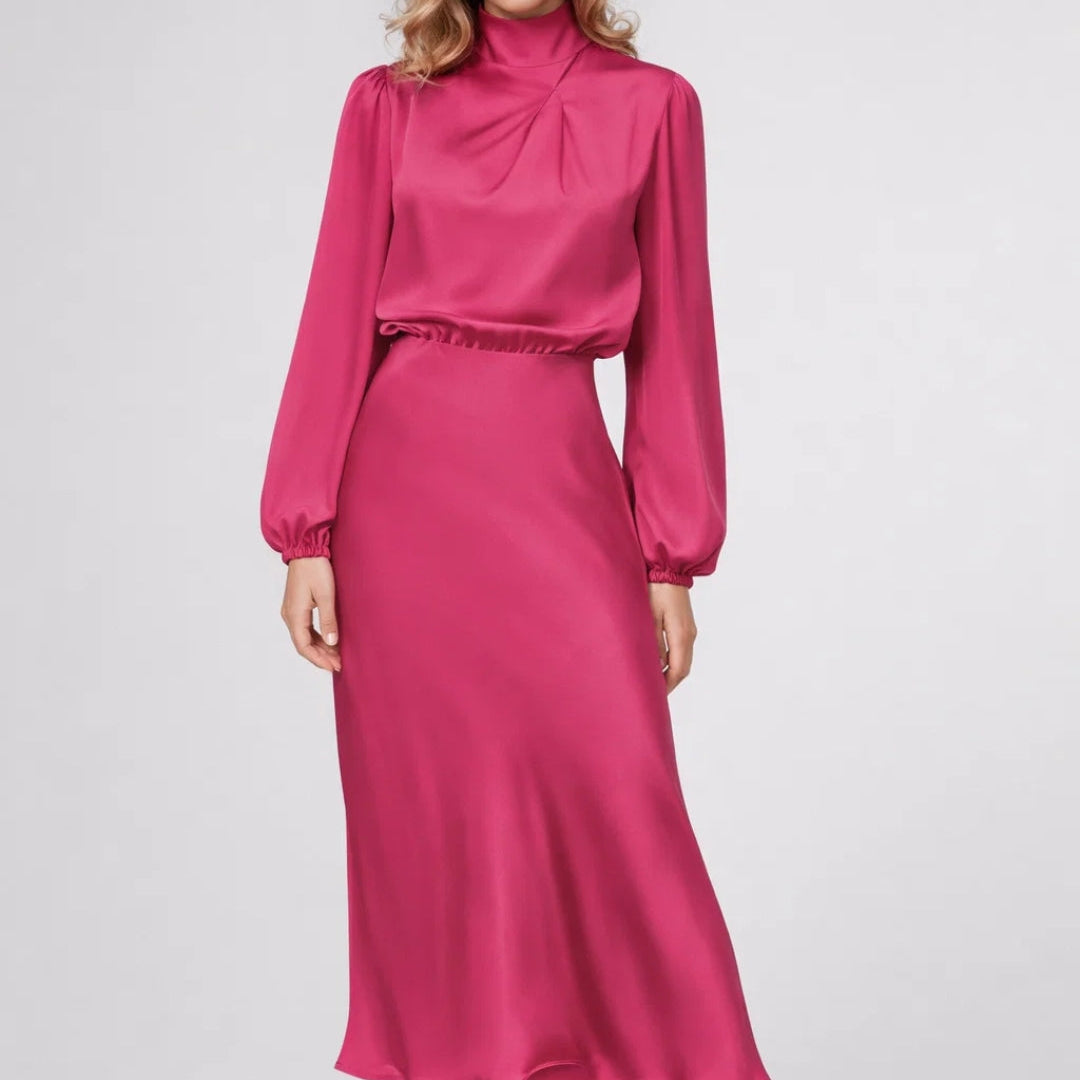 Lichtblauwe Elegante Satin Midi Jurk
