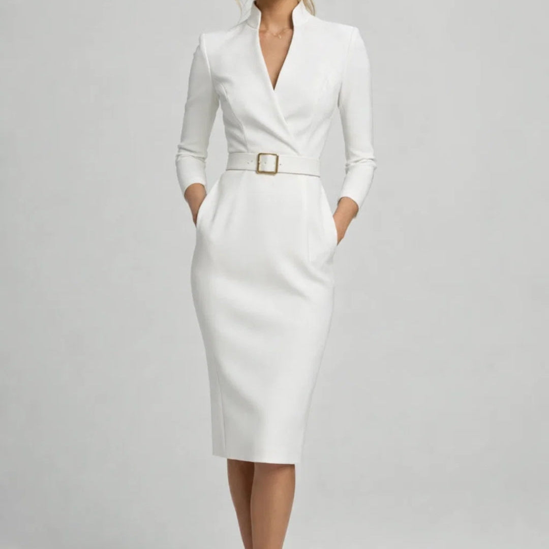 Elegante Blazer Midi Jurk met Tailleband en V Hals