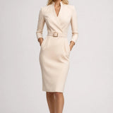 Elegante Blazer Midi Jurk met Tailleband en V Hals