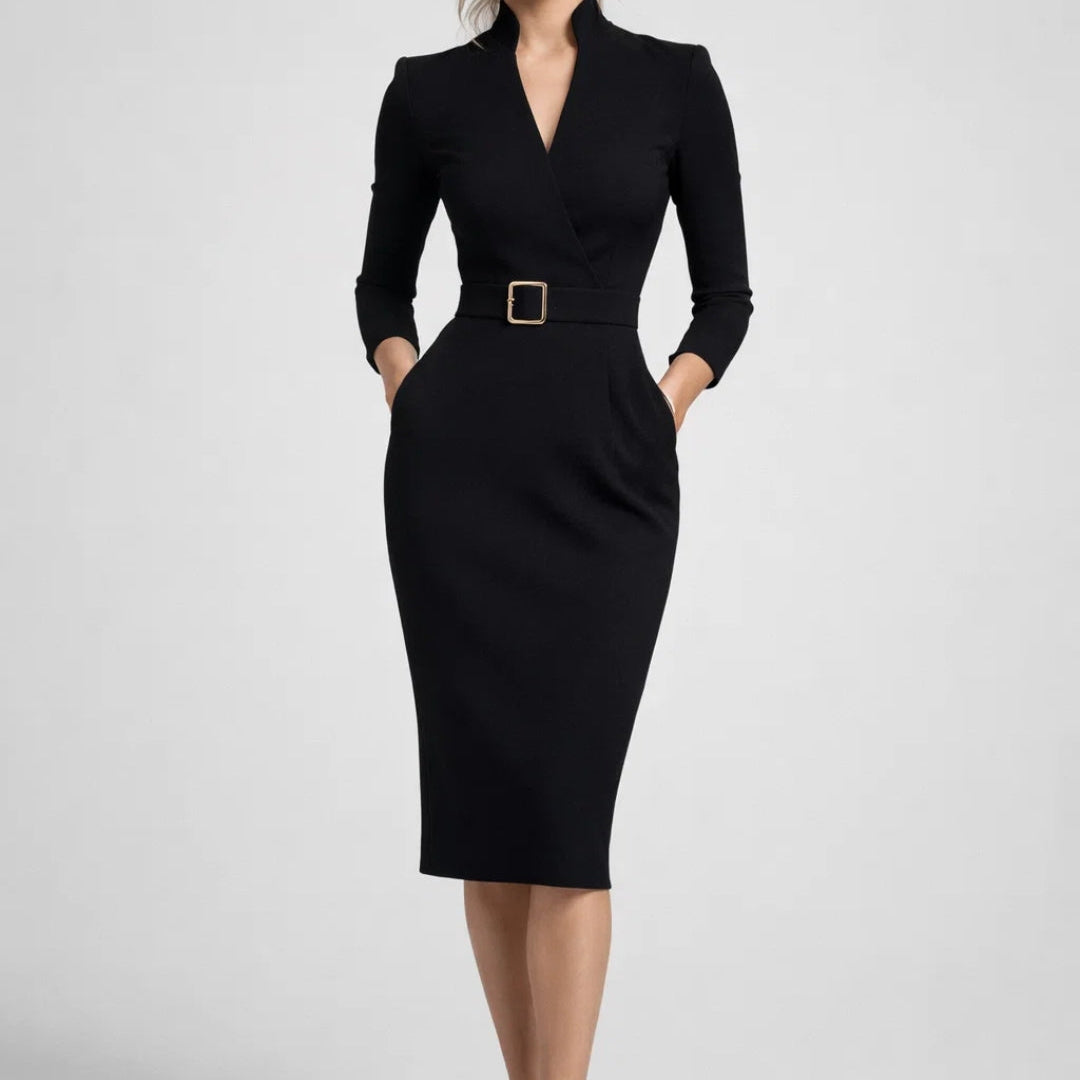 Elegante Blazer Midi Jurk met Tailleband en V Hals