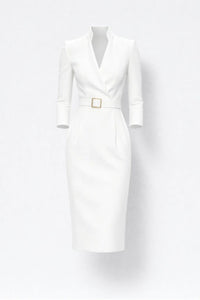 Elegante midi blazer jurk met ceintuur en V hals
