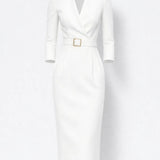 Elegante Blazer Midi Jurk met Tailleband en V Hals
