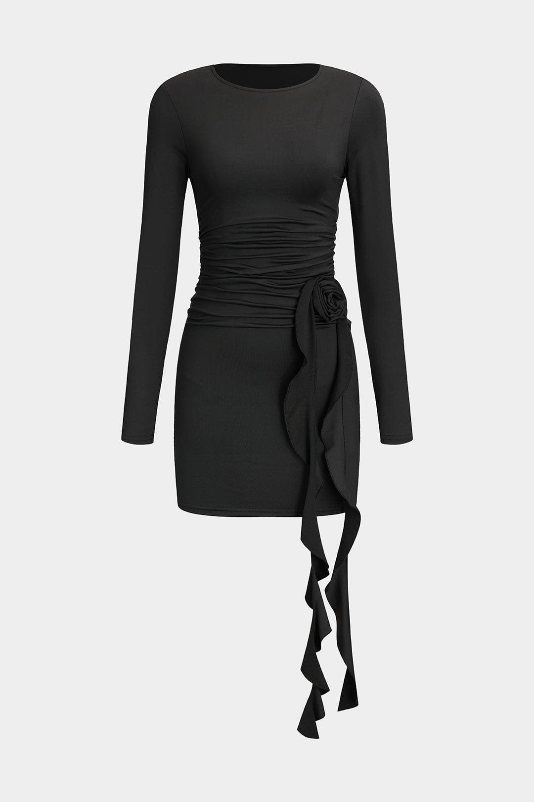 Valeria | Elegante Zwarte Lange Mouwen Mini-jurk – Figuuraccentuerende Pasvorm met Drapering & Rozen Detail