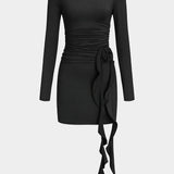 Valeria | Elegante Zwarte Lange Mouwen Mini-jurk – Figuuraccentuerende Pasvorm met Drapering & Rozen Detail