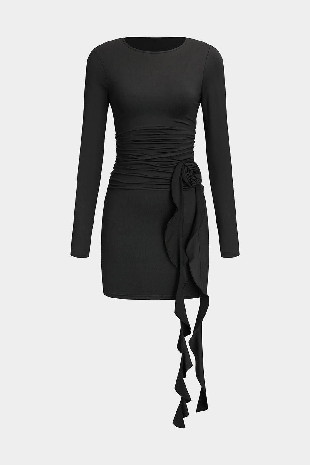 Valeria | Elegante Zwarte Lange Mouwen Mini-jurk – Figuuraccentuerende Pasvorm met Drapering & Rozen Detail