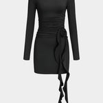 Valeria | Elegante Zwarte Lange Mouwen Mini-jurk – Figuuraccentuerende Pasvorm met Drapering & Rozen Detail