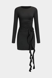 Valeria | Elegante Zwarte Lange Mouwen Mini-jurk – Figuuraccentuerende Pasvorm met Drapering & Rozen Detail