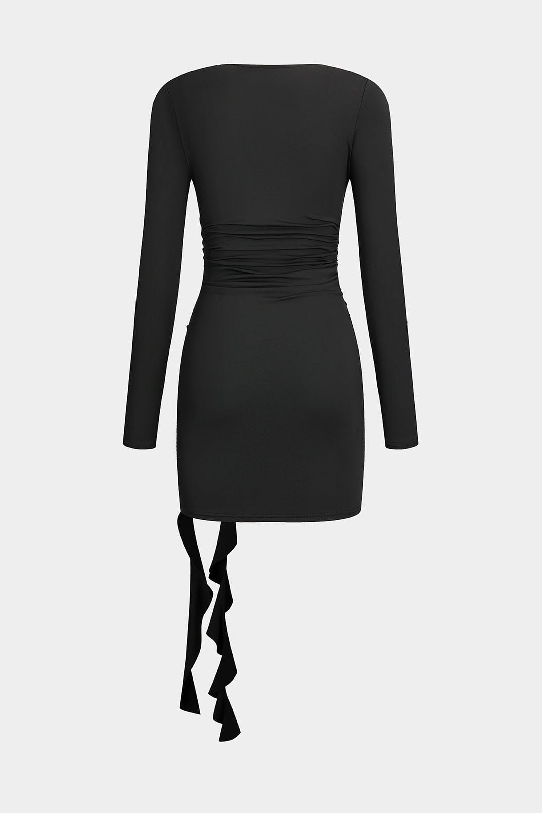 Valeria | Elegante Zwarte Lange Mouwen Mini-jurk – Figuuraccentuerende Pasvorm met Drapering & Rozen Detail