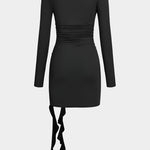 Valeria | Elegante Zwarte Lange Mouwen Mini-jurk – Figuuraccentuerende Pasvorm met Drapering & Rozen Detail