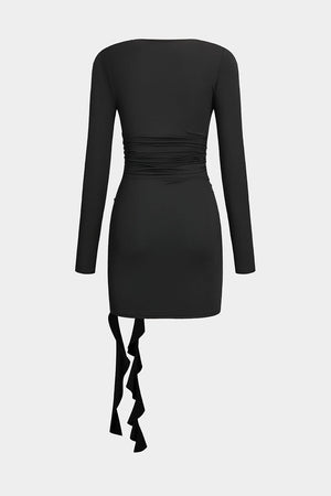 Valeria | Elegante Zwarte Lange Mouwen Mini-jurk – Figuuraccentuerende Pasvorm met Drapering & Rozen Detail