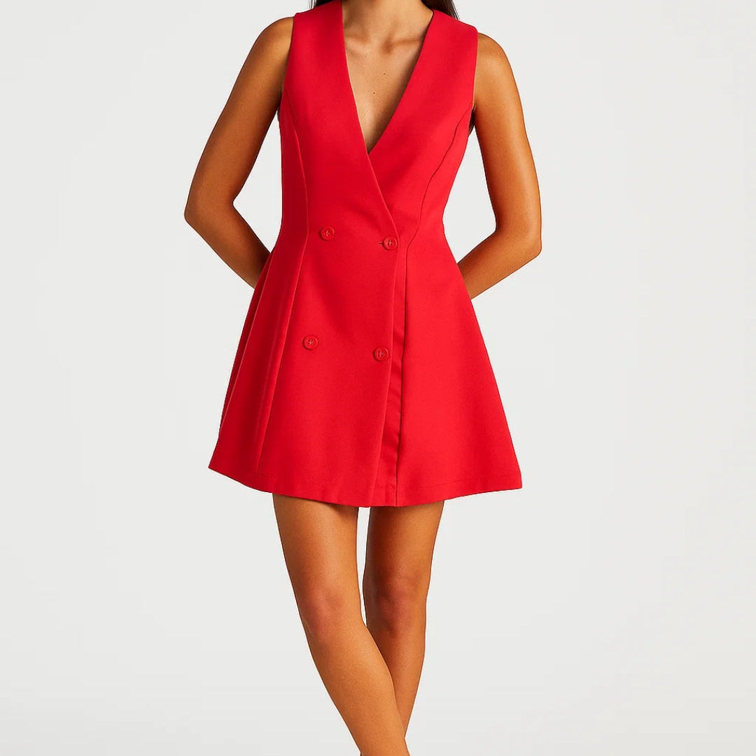Elegante Blazer Mini Jurk met V Hals en Knopen